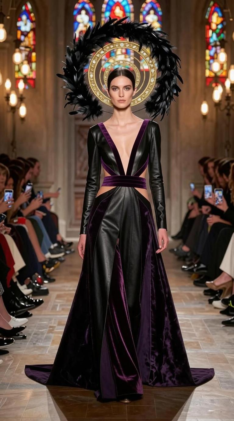 Mary Magdalene — black and purple velvet column, feathered halo