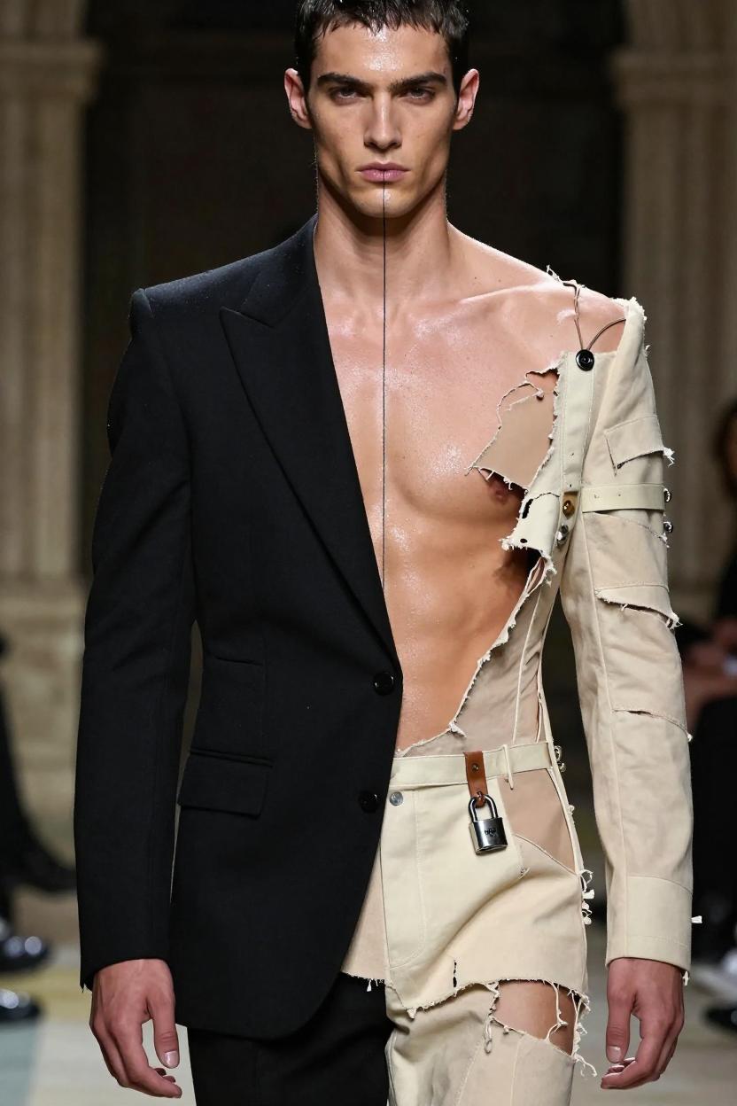 Thomas — split black and ivory jacket, padlock at the hip